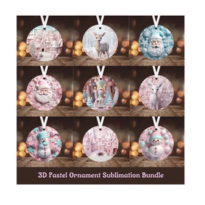 3D Pastel Ornament Sublimation Bundle, Instant Digital Download Only Christmas Round Ornament PNG, Cute Pink & Blue Ornament Designs 9 Files