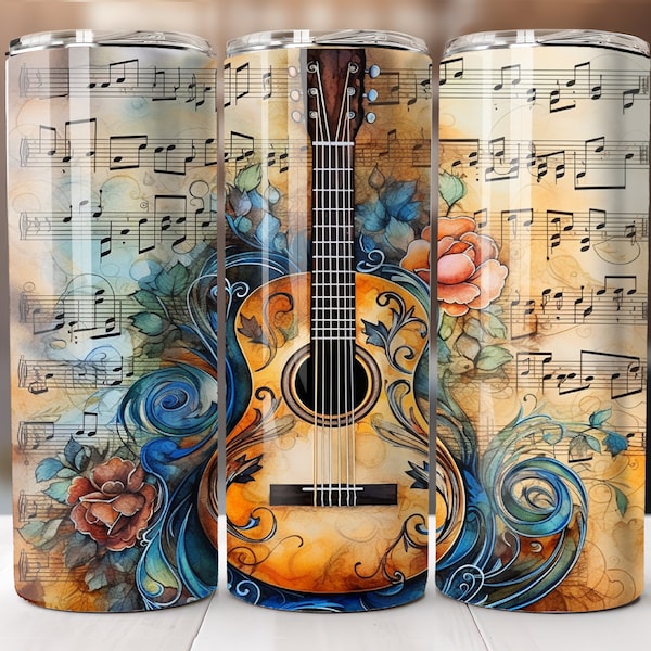 Acoustic Guitar 20oz Skinny Sublimation Design Music Notes PNG Instant Digital Download ONLY Flower 20oz Straight Tumbler Wrap PNG Musician