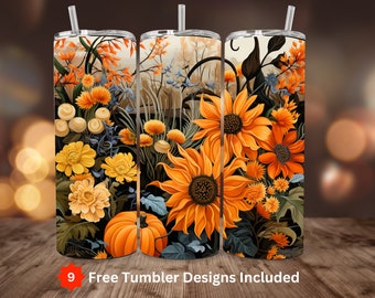 May include: Three stainless steel tumblers with a fall floral design. The design features sunflowers, pumpkins, and other fall flowers in shades of orange, yellow, and brown. The tumblers are on a wooden surface.