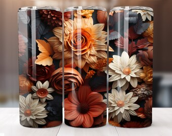 May include: Three stainless steel tumblers with a floral design. The tumblers feature a variety of flowers in shades of orange, brown, and white, with a dark background.