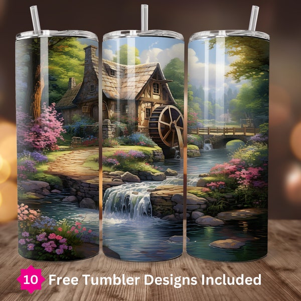 Country Cottage Tumbler Sublimation, 20oz Skinny Sublimation PNG, Digital Download Only, 20oz Straight Tumbler Wrap, Watermill Tumbler