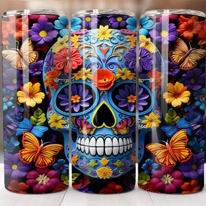 3D Sugar Skull Tumbler Wrap, Florals, and Butterflies 20oz Skinny Tumbler Sublimation Design Digital Download Only 20oz Straight Wrap PNG