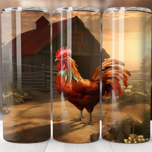 Copo de Galo Design de Sublimação de Copo Magro de 20 onças, Copo de Galo 3D em uma Fazenda, Download Digital Somente, Envoltório Reto de 20 onças, PNG