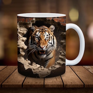 3D Tiger Mug Wrap 11oz, 15oz Mug Sublimation Wrap Digital Download ONLY Coffee Cup Tea Cup Wrap PNG Break Through PNG Tiger Gift Mug