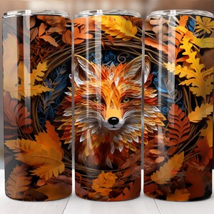 3D Fox Tumbler Sublimation, 20oz Skinny Sublimation Design, Digital Download Only, 20 oz Straight Wrap PNG, Fall Foliage
