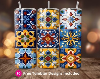 Vaso de azulejos mediterráneos 3D de 20 oz, diseño delgado de sublimación, descarga digital instantánea, solo PNG, vaso recto de 20 oz, envoltura PNG