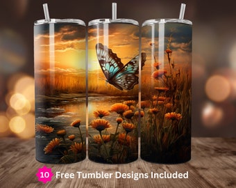 Butterfly & Wildflowers at Sunset Tumbler Wrap 20oz Skinny Sublimation Design Digital Download Only 20oz Straight Tumbler Wrap Flower PNG