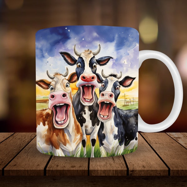 3 Crazy Cows Mug Sublimation, 3D Christmas 11oz, 15oz Mug Sublimation Wrap, Digital Download ONLY, Coffee Cup Tea Cup Wrap PNG