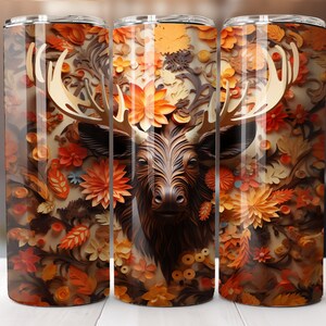 Moose in Fall Flowers Tumbler Wrap 20oz Skinny Tumbler Sublimation Design Instant Digital Download 20oz Straight Tumbler Wrap 3D Moose PNG