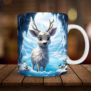 3D Cute Reindeer Mug Sublimation, 11oz, 15oz Mug Sublimation Wrap, Digital Download ONLY, Coffee Cup Tea Cup Wrap PNG, Break Through Ice