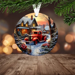 Vintage Red Truck Ornament Sublimation PNG Instant Digital Download ONLY Christmas Round Ornament PNG Rustic Country Farmhouse Ornament