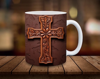 3D-korsmuggomslag 11oz, 15oz mugg sublimeringsomslag digital nedladdning ENDAST tro kaffekopp tekoppomslag rustikt läderkors PNG present till pappa