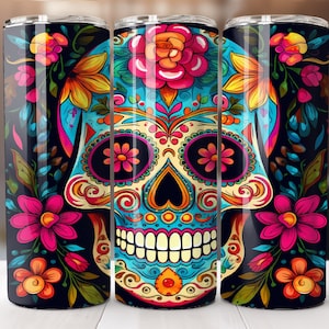 Sugar Skull Tumbler Wrap, Flowers PNG, 20oz Skinny Tumbler Sublimation Design Digital Download ONLY 20oz Straight Wrap PNG Neon Floral