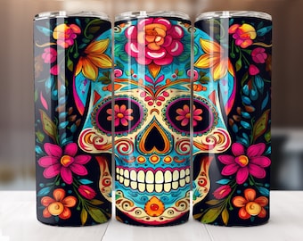 Sugar Skull Tumbler Wrap, Flowers PNG, 20oz Skinny Tumbler Sublimation Design Digital Download ONLY 20oz Straight Wrap PNG Neon Floral