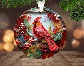 3D Cardinal Christmas Ornament Sublimation Design PNG Instant Digital Download ONLY Christmas Round Ornament PNG Bird Lover Ornament