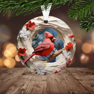 3D Kardinal Weihnachtsverzierung Sublimation PNG Sofortiger digitaler Download Nur Weihnachten Runde Verzierung PNG Roter Vogel in gerissenem Loch PNG