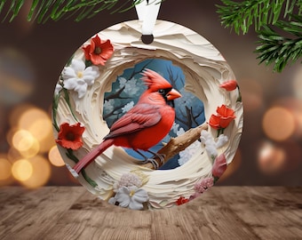 3D Cardinal Christmas Ornament Sublimation PNG Instant Digital Download Only Christmas Round Ornament PNG Red Bird in Cracked Hole PNG