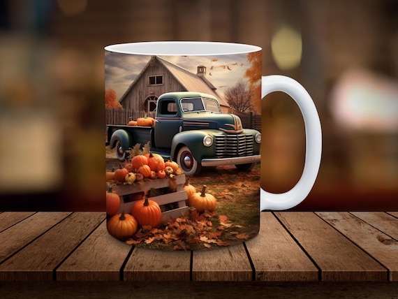 3D Antique Truck Mug Wrap 11oz, 15oz Mug Sublimation Wrap, Digital Download ONLY, Coffee Cup Tea Cup Wrap Pumpkin PNG, Fall Farm Mug PNG
