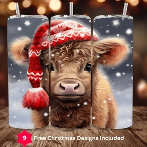 Christmas Highland Cow Tumbler 20oz Skinny Sublimation Design Digital Download ONLY 20oz Straight Tumbler Wrap PNG Baby Cow in Santa Hat