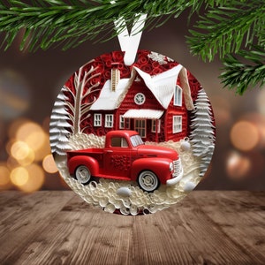 3D Vintage Truck Ornament Sublimation PNG Instant Digital Download ONLY Christmas Round Ornament PNG Red Truck Christmas Farmhouse Ornament