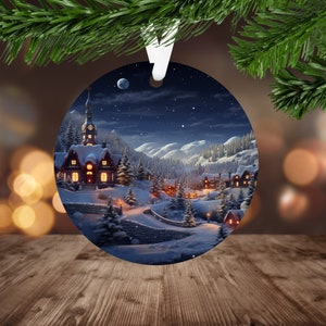 Watercolor Christmas Town Ornament Sublimation PNG, Instant Digital Download Only, Christmas Round Ornament PNG, Snow Covered Village PNG