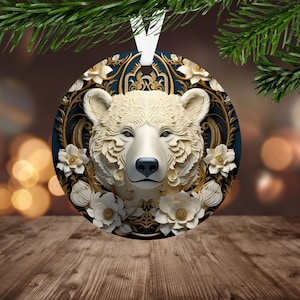 3D Vintage Polar Bear Ornament Sublimation PNG, Instant Digital Download Only, Christmas Round Ornament PNG, Flower png, 3D Bear PNG
