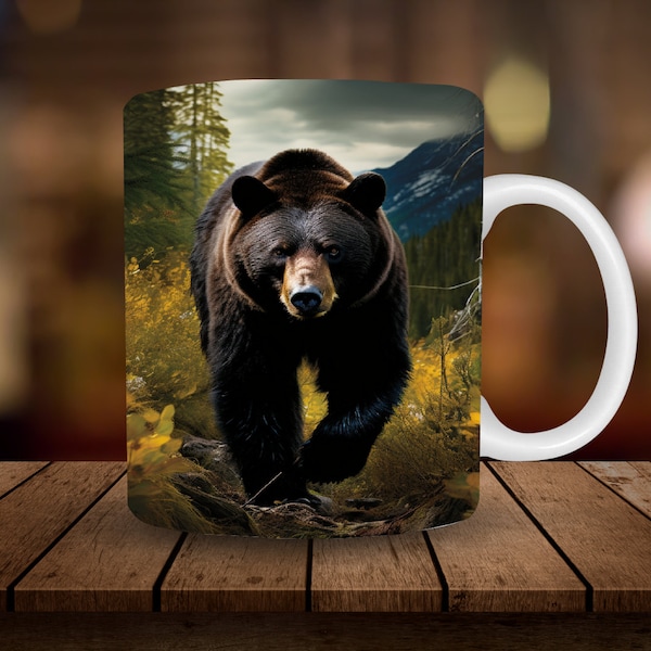 Black Bear Mug Sublimation, 3D Christmas 11oz, 15oz Mug Wrap, Digital Download ONLY, Coffee Cup Tea Cup Wrap, Bear in the Woods PNG