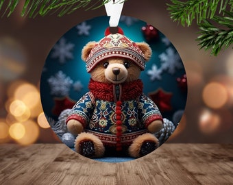 3D Teddy Bear Ornament Sublimation PNG, Instant Digital Download, Christmas Round Ornament PNG, 3D Christmas Bear Wrap