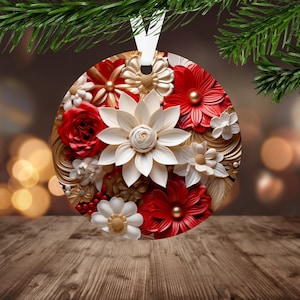 3D Red & White Flower Ornament Sublimation PNG, Instant Digital Download Only, Christmas Round Ornament, Boho Christmas Flowers PNG