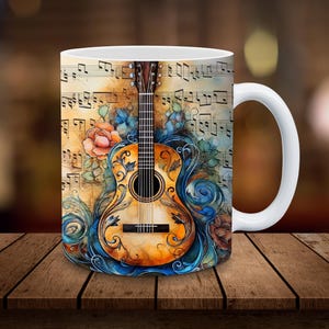 Acoustic Guitar Mug Wrap 11oz 15oz Mug Sublimation Wrap Guitarist Digital Download ONLY Coffee Cup Tea Cup Wrap PNG Music Note Musician Gift