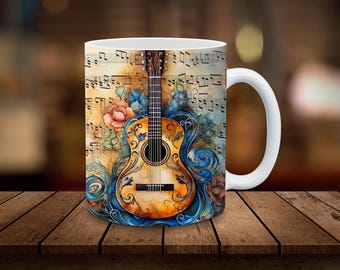 Acoustic Guitar Mug Wrap 11oz 15oz Mug Sublimation Wrap Guitarist Digital Download ONLY Coffee Cup Tea Cup Wrap PNG Music Note Musician Gift