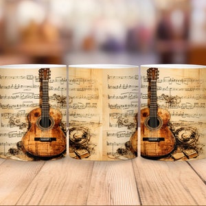 Może przedstawiać: Trzy białe ceramiczne kubki z vintage'owym wzorem przedstawiającym brązową gitarę akustyczną i nuty. Kubki mają uchwyt po prawej stronie.