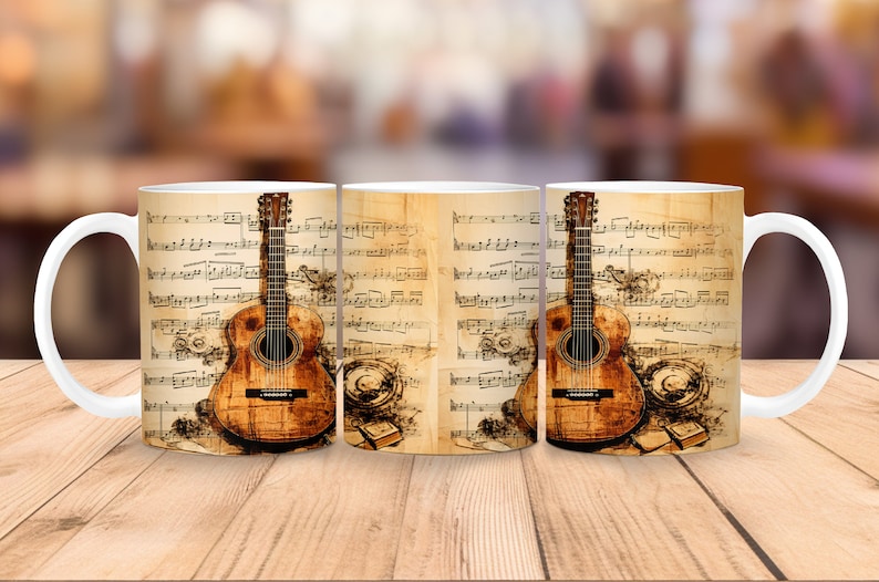 Może przedstawiać: Trzy białe ceramiczne kubki z vintage'owym wzorem przedstawiającym brązową gitarę akustyczną i nuty. Kubki mają uchwyt po prawej stronie.