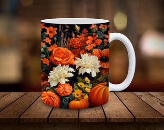 Può includere: Tazza in ceramica bianca con sfondo nero e un design floreale con fiori arancioni, bianchi e gialli, foglie verdi e due zucche arancioni.
