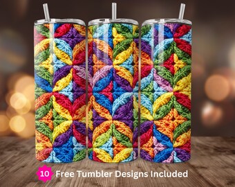 May include: Three stainless steel tumblers with a colorful crochet pattern design. The tumblers are arranged in a row on a wooden surface. 10 Free Tumbler Designs Included.