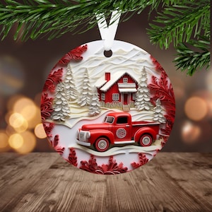 3D Red Truck Christmas Ornament Sublimation PNG Instant Digital Download ONLY Christmas Round Ornament PNG Christmas Farmhouse Ornament