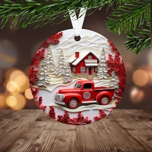 3D Red Truck Ornament Sublimation PNG, Instant Digital Download ONLY, Christmas Round Ornament PNG, Christmas Farmhouse Ornament