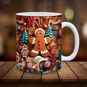 May include: White ceramic mug with a gingerbread man design. The gingerbread man is surrounded by swirls, candy canes, and other festive details.