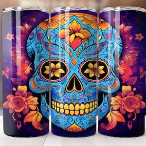Neon Sugar Skull Tumbler Vivid Purple 20 oz Skinny Tumbler Sublimation Design Digital Download Only 20oz Straight Wrap PNG Floral PNG