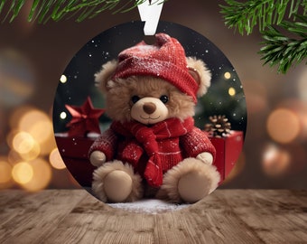 Adorno navideño de osito de peluche PNG de sublimación, descarga digital instantánea. Adorno navideño redondo PNG. Oso navideño PNG.
