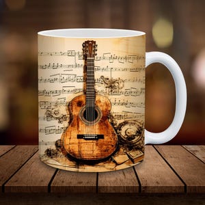 Guitar 11oz & 15oz Mug Wrap Design 3D Mug Sublimation Wrap Digital Download ONLY Coffee Mug Design Sublimation Design Antique Music Sheet