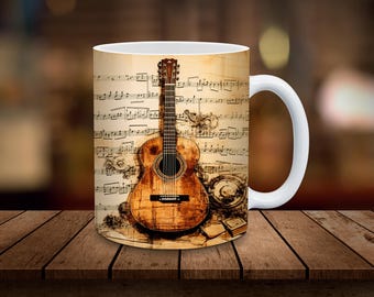 Guitar 11oz & 15oz Mug Wrap Design 3D Mug Sublimation Wrap Digital Download ONLY Coffee Mug Design Sublimation Design Antique Music Sheet