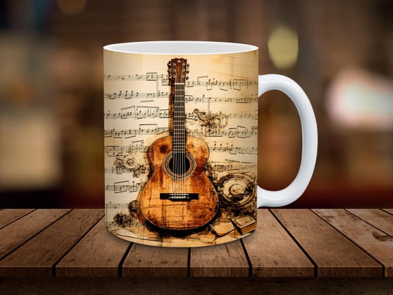 Guitar 11oz & 15oz Mug Wrap Design 3D Mug Sublimation Wrap Digital Download ONLY Coffee Mug Design Sublimation Design Antique Music Sheet