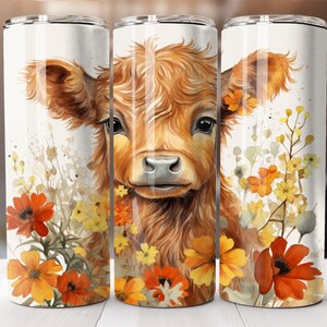 Baby Highland Cow Tumbler Wrap 20oz Skinny Sublimation Design PNG Digital Download ONLY Floral 20oz Straight Tumbler Wrap PNG Boho Flowers