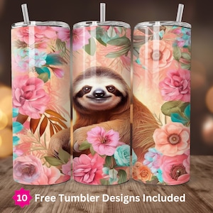 3D Sloth Tumbler PNG 20oz Skinny Tumbler Sublimation Design Sloth Floral Tumbler 20oz Straight Wrap PNG Digital Download Only Pastel Flowers