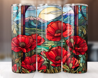 Red Poppy Flower Tumbler 20oz Skinny Tumbler Sublimation Design Digital Download Only 20oz Straight Tumbler Wrap PNG Stained Glass Flowers