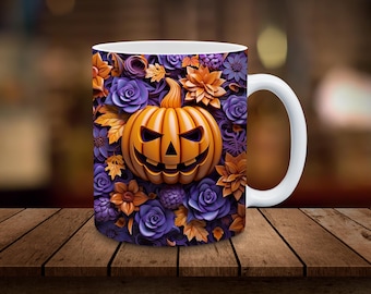 May include: White ceramic mug with a Halloween themed design. The mug features a carved pumpkin with a toothy grin surrounded by purple and orange flowers.