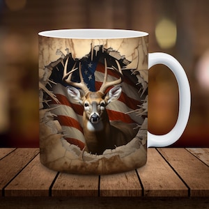 3D Deer Mug Sublimation, 11oz 15oz Mug Sublimation Wrap, Digital Download ONLY, Coffee Cup Tea Cup Wrap PNG, Break Through American Flag