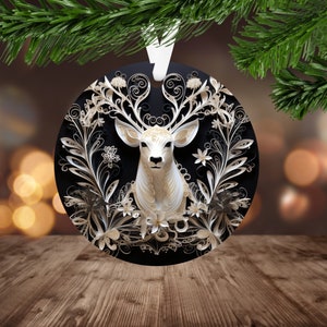 3D Black and White Deer Ornament Sublimation PNG, Instant Digital Download Only, Christmas Round Ornament PNG, 3D Rustic Deer PNG