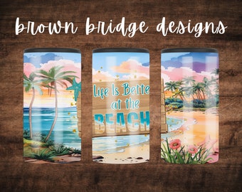 Beach Life 4 in 1 Can Cooler Sublimation Wrap Design Life Is Better At The Beach 4 in1 Can Cooler Holder PNG Pastel Beach Scene Sublimation